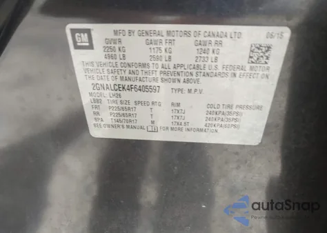 2015 Chevrolet Equinox 2Lt from USA, damaged, VIN 2GNALCEK4F6405597